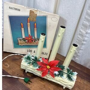 Union Log & Candles Electrified Vintage Christmas Mantle Centerpiece Decoration